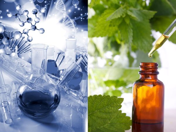 synthetisch-natürlich Symbole und Elemente aus Labor und Natur